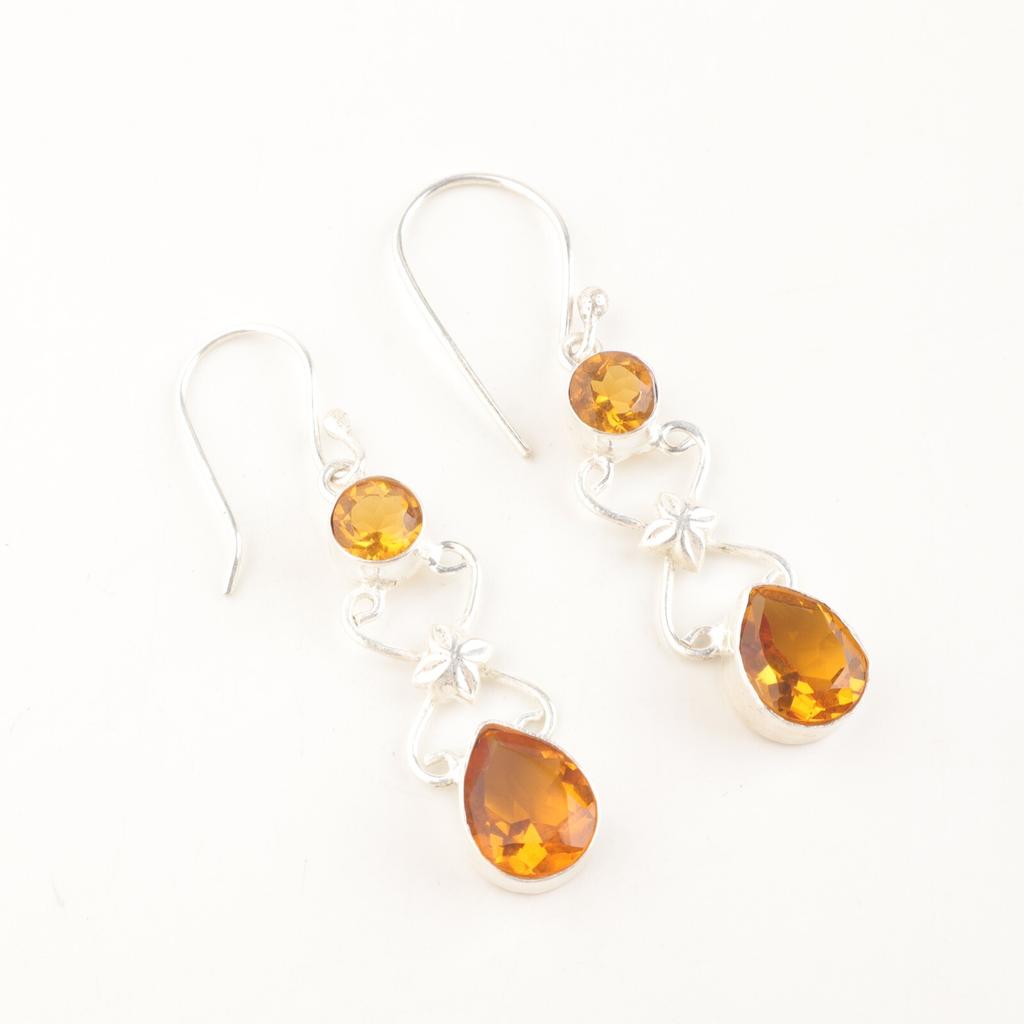 Natural Citrine Gemstone 925 Sterling Silver Jewelry Handmade Women Earrings 2" EE-156-1
