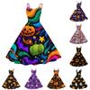 Women's Halloween Printed Off Shoulder Punk Vintage Dress Sleeveless Spaghetti Strap A Line Dress with Halloween Pumpkin Ghost Bat Pattern
