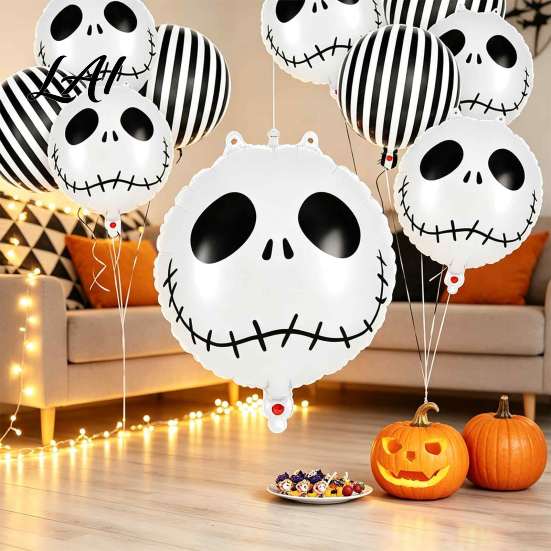 Indoor Outdoor Holiday Decor 12PCS Halloween Skull Balloon Set Aluminum Foil Balloons Black And White Balloons Striped Realistic Print for