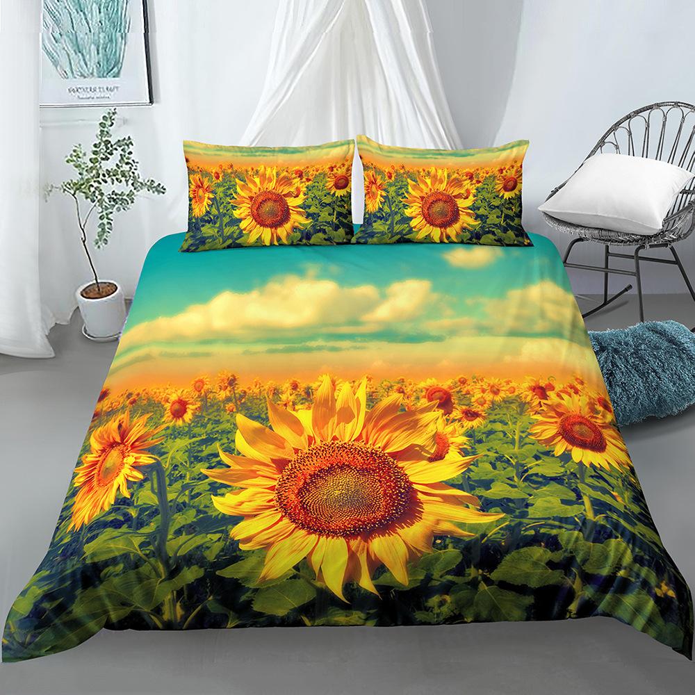 Sunflower Duvet Cover Set Yellow Flowers Green Leaves Cloud Tree King Queen Full Size for Boys Girls Teens Polyester Bedding Set