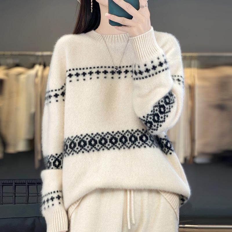 Mall-Stil Dicker Reiner Wollpullover für Damen - 100% Wolle Locker Gestrickt Vielseitiges Oberteil