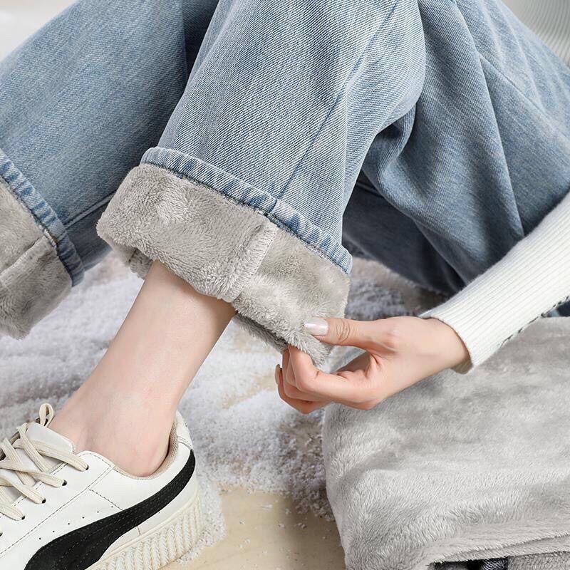 Women's Thickened High Waist Jeans Autumn Winter Warm Wide Leg Fleece Straight Denim Pants