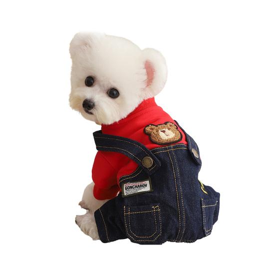 Jijijing Stylish Sweatshirt Dog Jumpsuit, Four Legged Outfit, Cute Bear Embroidery, Denim Romper Pants Onesie Clothes for Small Dogs