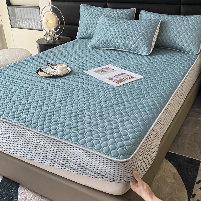 Soft Thick Latex Ice Silk Fitted Sheet Set Queen Cool Down Bed Sheet and Pillowcase Washable Machine Summer Cooling Mat for Bed