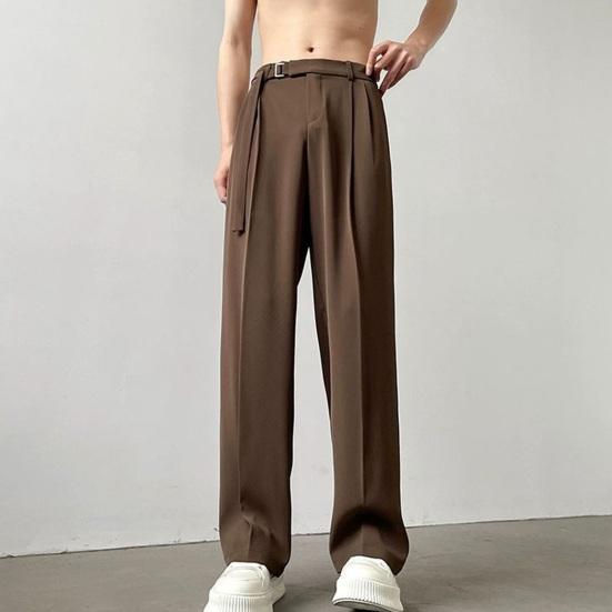 Men Suit Pants Straight Wide Leg Loose Belted Adjustable Waist Solid Color Formal Business Style Streetwear Full Length Casual Office Wear Trousers