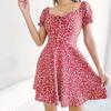 Women Summer Casual Lantern Sleeve Floral Printed Slim Fit Above Knee Length One Piece Dress
