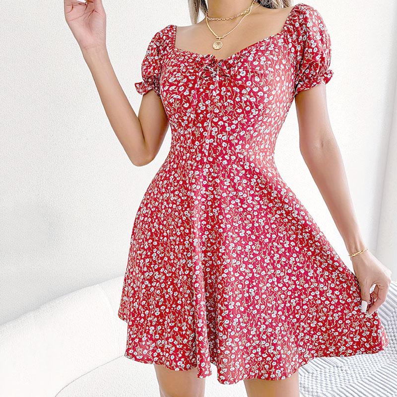 Women Summer Casual Lantern Sleeve Floral Printed Slim Fit Above Knee Length One Piece Dress