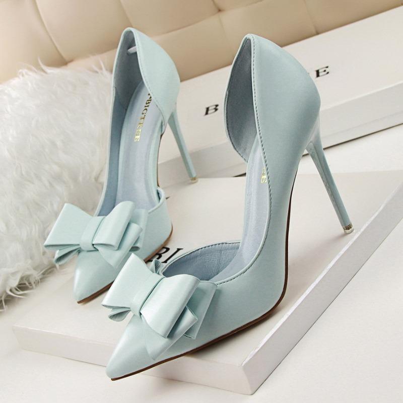 Fashion Women's Fashionable Delicate Sweet Bow High Heels Stiletto High Heel Shallow Mouth Pointed Single Women's Shoes Zapatos De Mujer