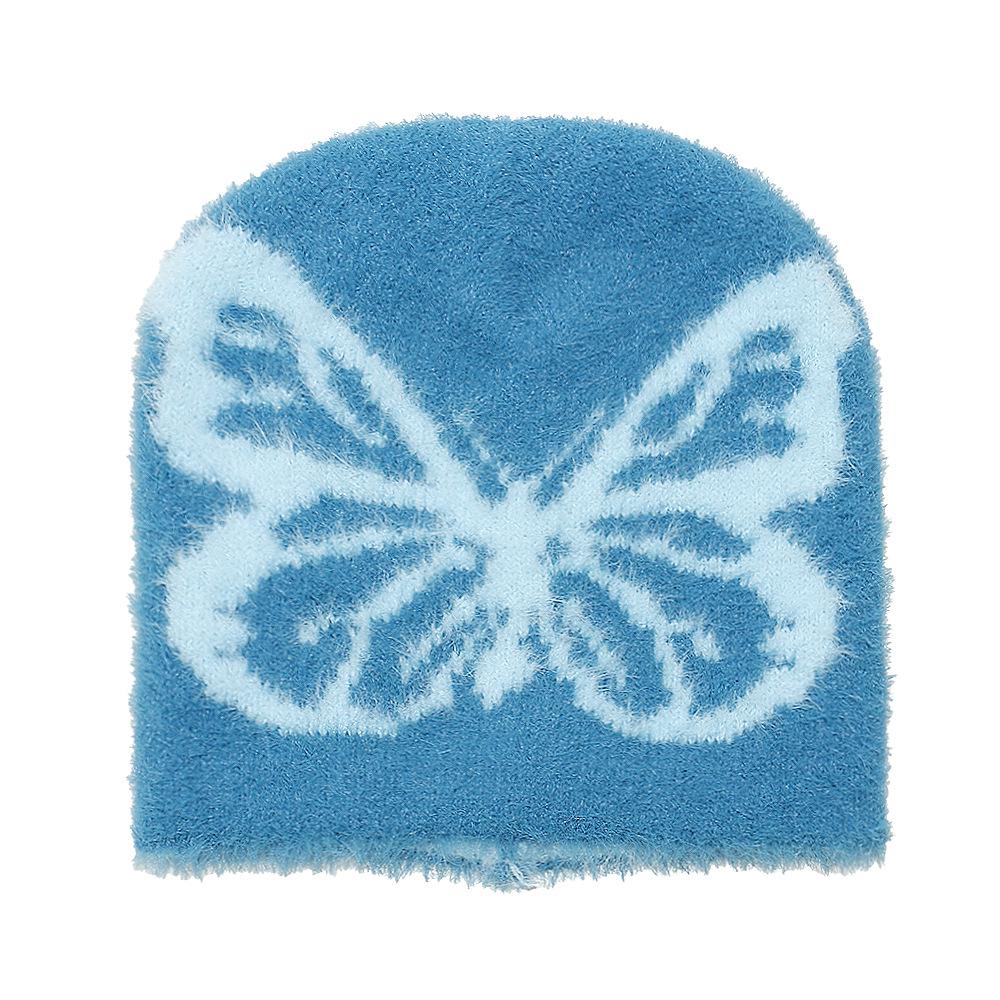 Herbst und Winter Damen Strickwollmütze kältebeständig und warm Skimütze Schmetterlingsjacquard Imitation Nerzfell Pullovermütze Damen