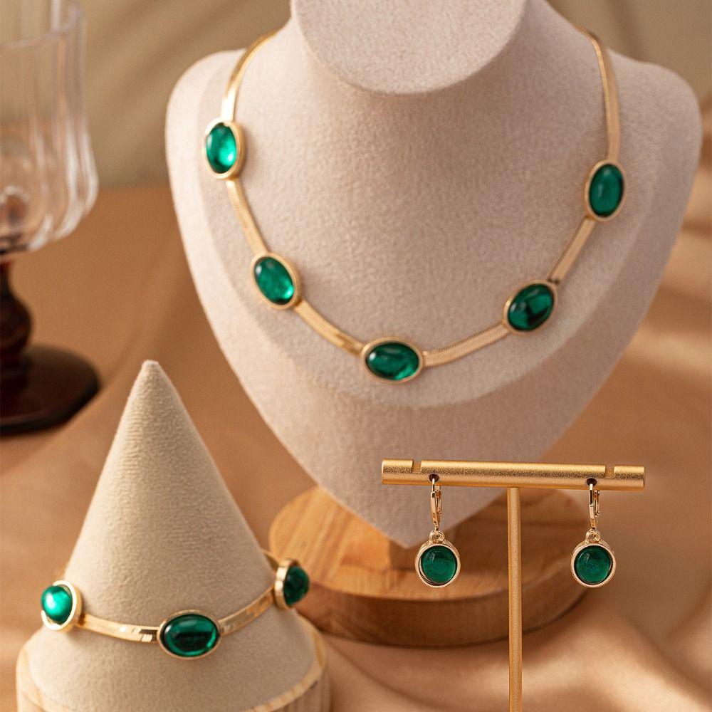 4Pcs Vintage Necklace Earrings Set Bracelet Crystal Jewelry Suit Green Rhinestone Jewelry Set  Party