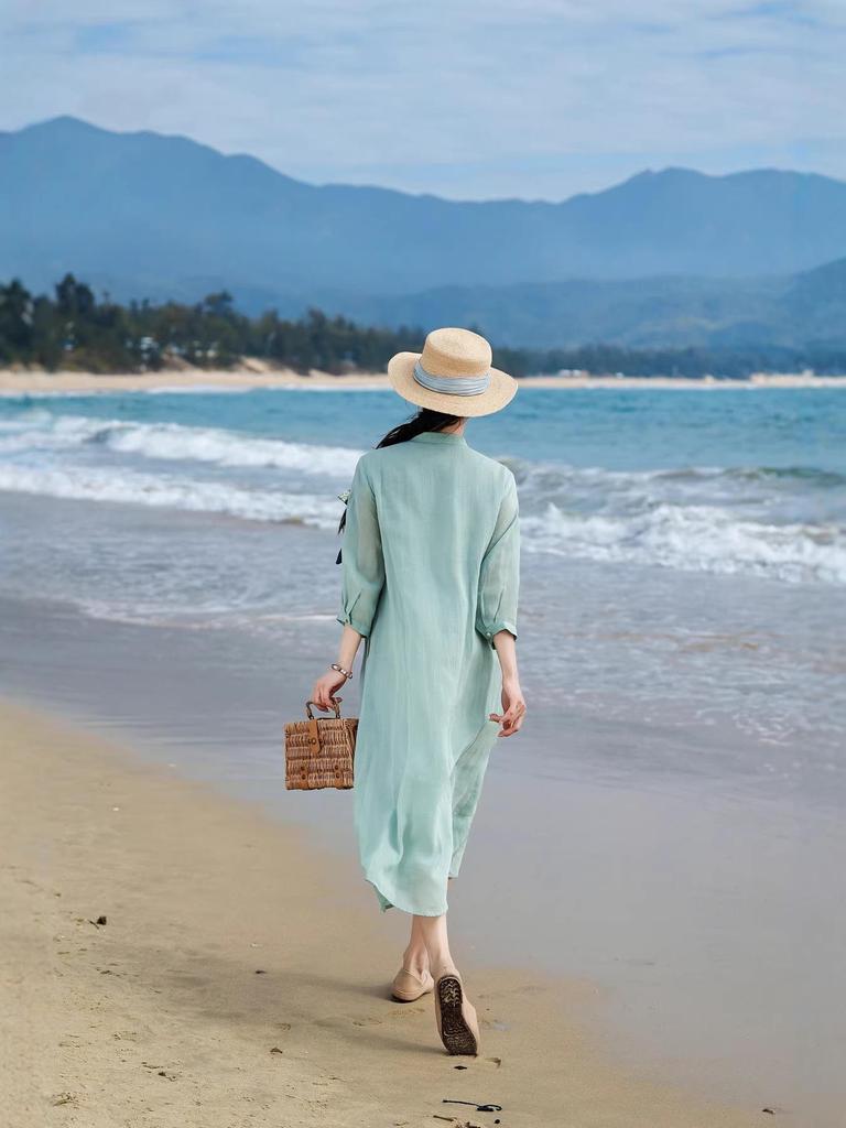 2026 Artistic Women's Textured Linen Embroidered Dress with Three-Quarter Sleeves and Flowing Mid-Length Skirt