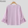 ZANZEA Women Spring Round Neck Lantern 3/4 Sleeve Mesh Pleated Blouses