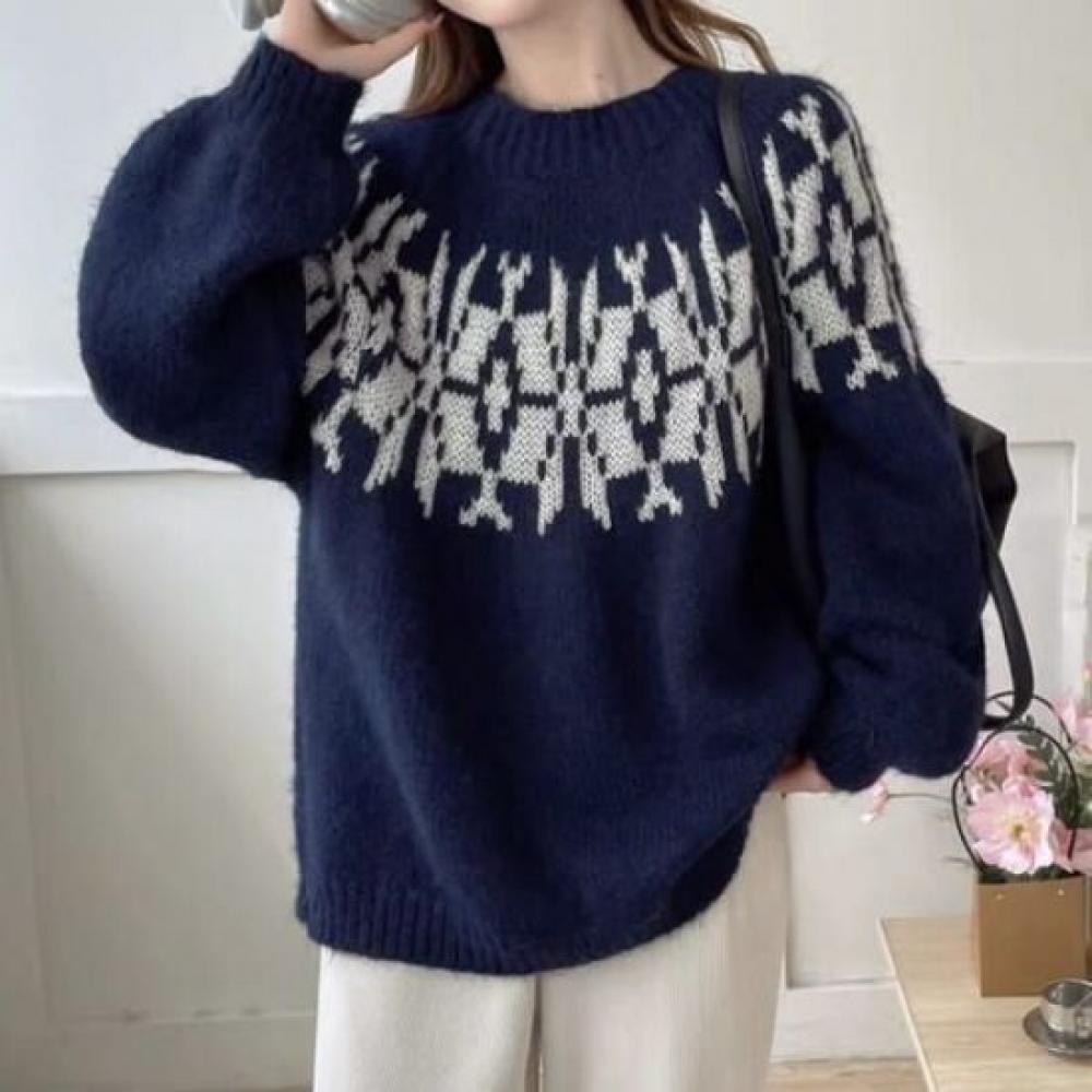 Navava Nk2622 Retro Pattern Round Neck Long Sleeve Knit Sweater