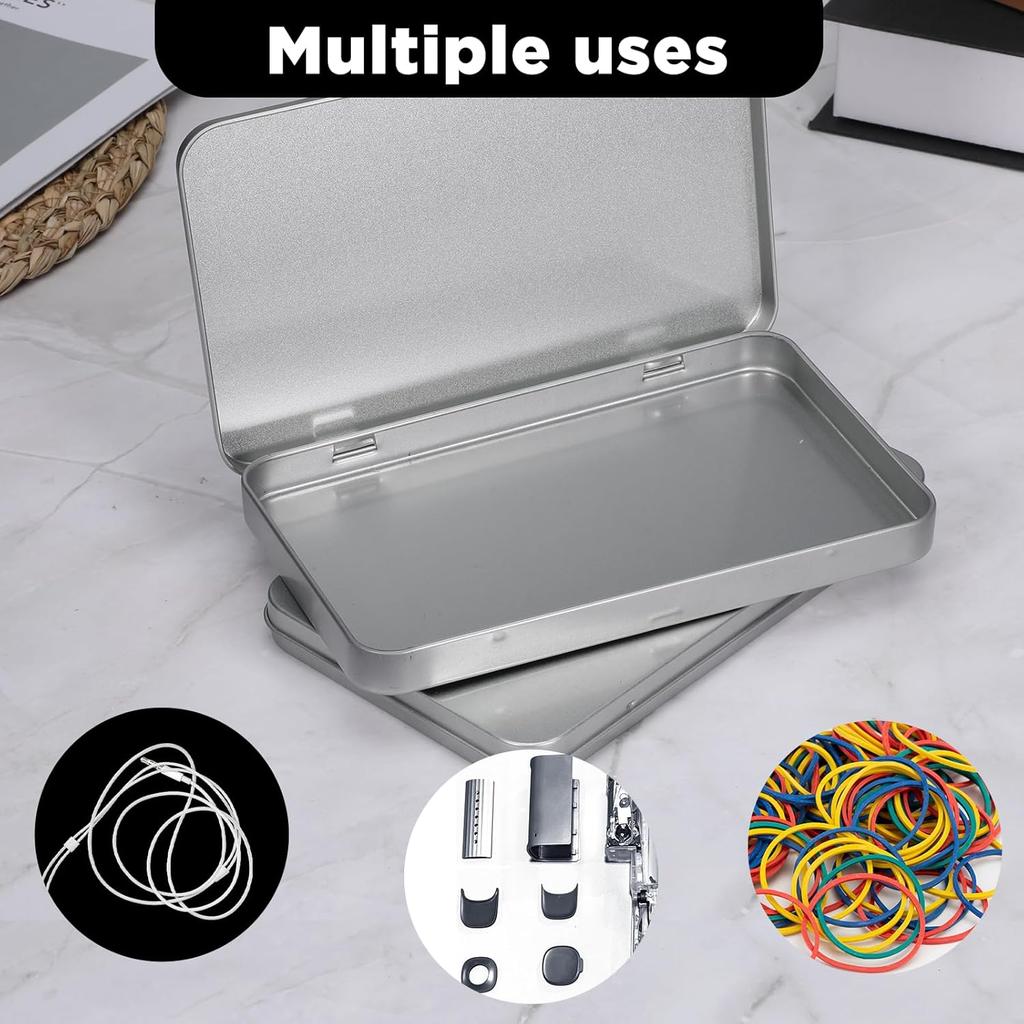 2 Pack Portable Storage Box Containers, Rectangular Metal Tin Boxes, Silver Rectangular T, Metal Tin Box with Hinged for Pen Eraser Craft Photos
