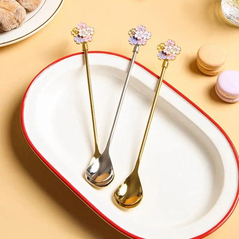 Mixing Spoon 304 Stainless Steel Spoon Home Dessert Spoon Drift Cherry Blossom Spoon Long Handle Spoon