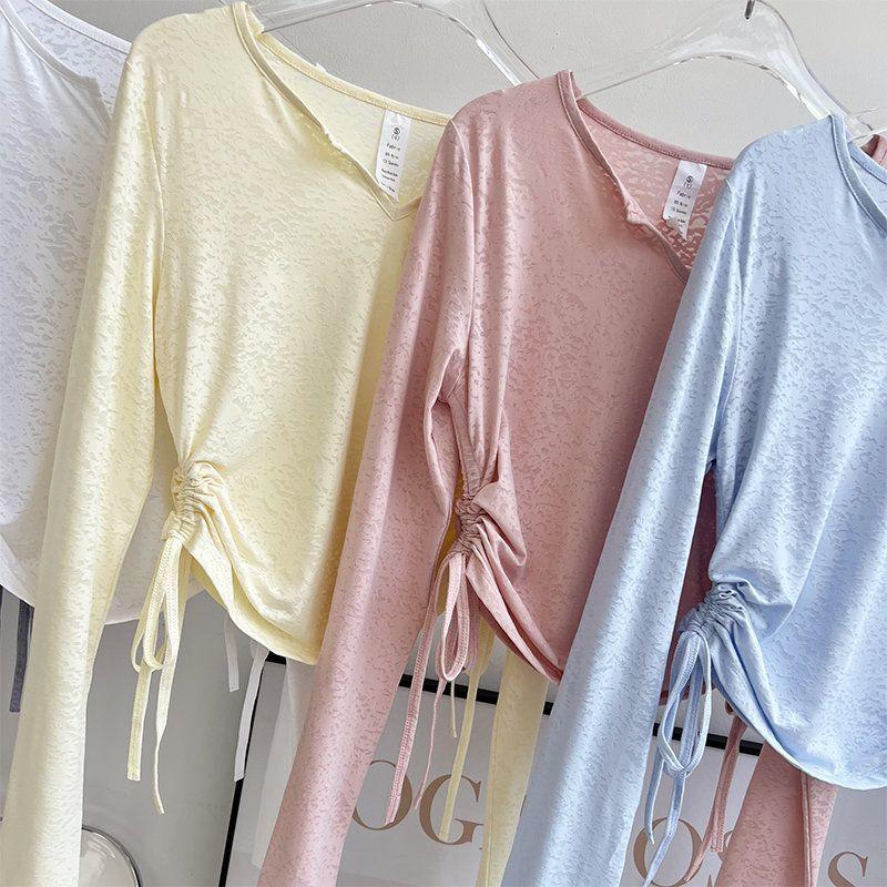 

Ice Silk Drawstring Yoga Clothes Women Spring and Summer Sports Top Running Slimming Long sleeve Pilates Training Workout Clothes Cover up Pink S