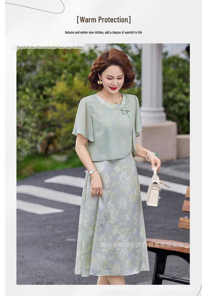 Elegant Summer Floral Two-Piece Dress for Women - Short Sleeve Skirt for Young, Middle-Aged, and Elderly Mothers