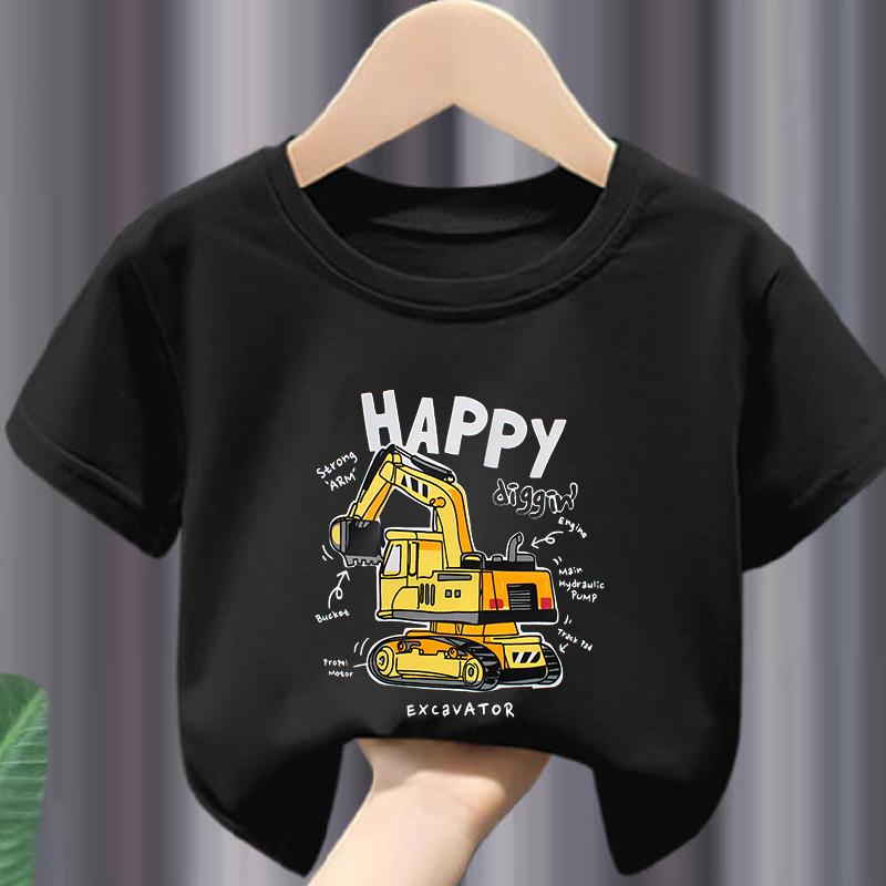 Summer Short Sleeve Tshirt for Girls Excavator Print Casual Comfortable round Neck Childrens Wear Boys Polyester Fabric
