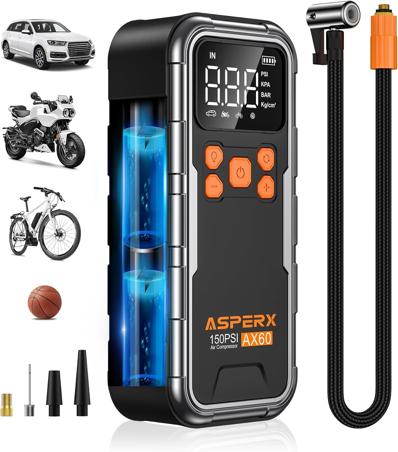 

Cordless Tire Inflator 160PSI – Portable Air Pump with LCD, Auto Shut Off, LED Light & Carry Case срібний