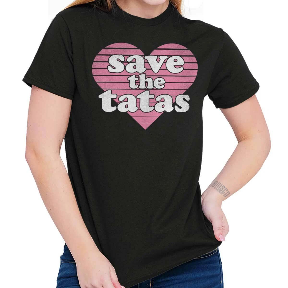 Save The Tatas Breast Cancer Awareness Pink Womens Graphic Crewneck T Shirt Tee XS
