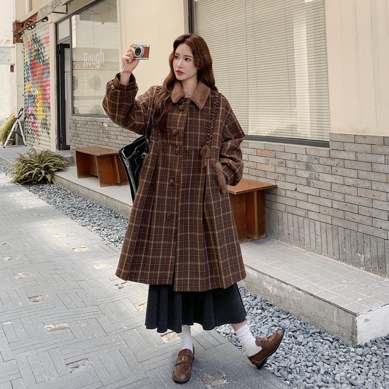 Women s Retro Plaid Coffee Wool Coat: British & Korean Style, Elegant Mid-Length Winter Jacket (2026) Large