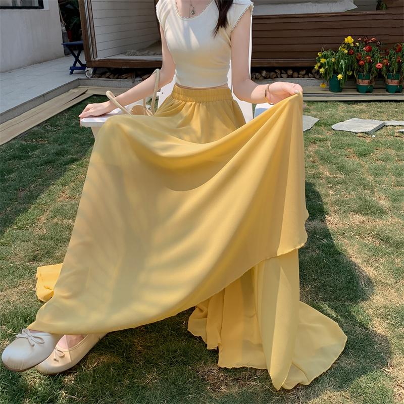 Damen Chiffon A-Linien Maxirock Hoher Bund Fließender Saum mit Eleganter Drapierung & Weiter Silhouette