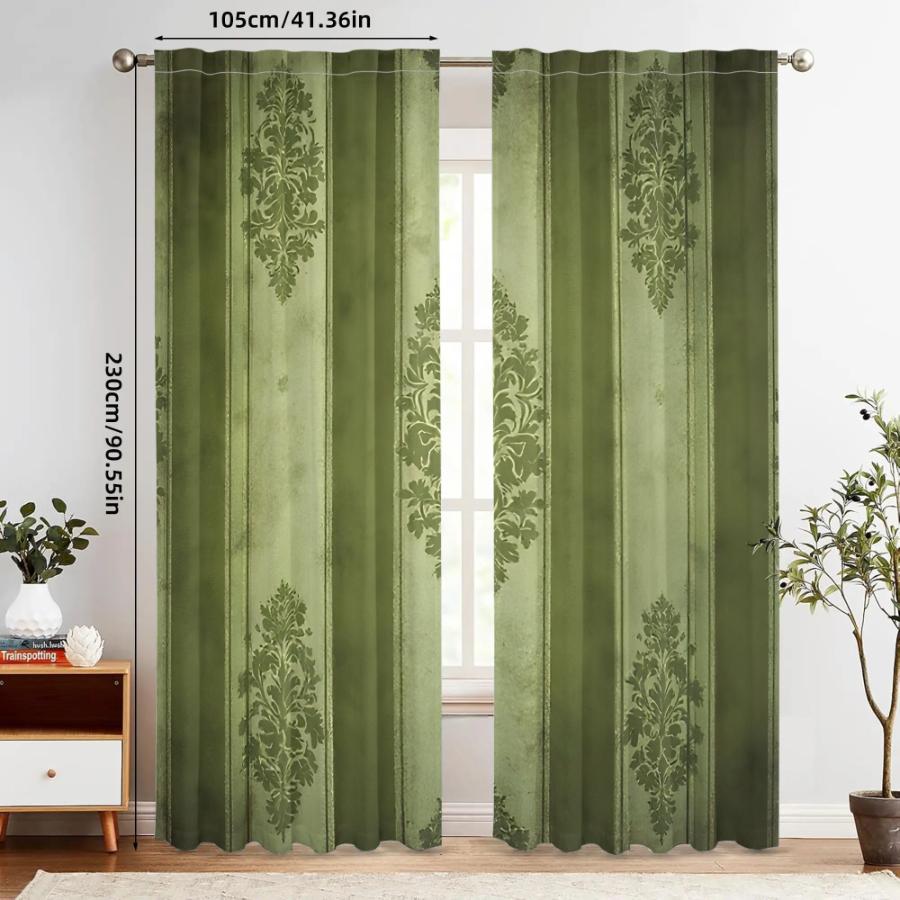 2PCS Digital Printed Curtains, Green French Pattern Pattern, Beautiful Window Drapes for Living Room Bedroom Home Decor