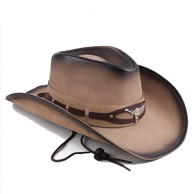 

Classic 100% Leather Western Cowboy Hat For Men Gentleman Dad Godfather Caps Panama Cowgirl Jazz Hats Sombrero Hombre 58cm