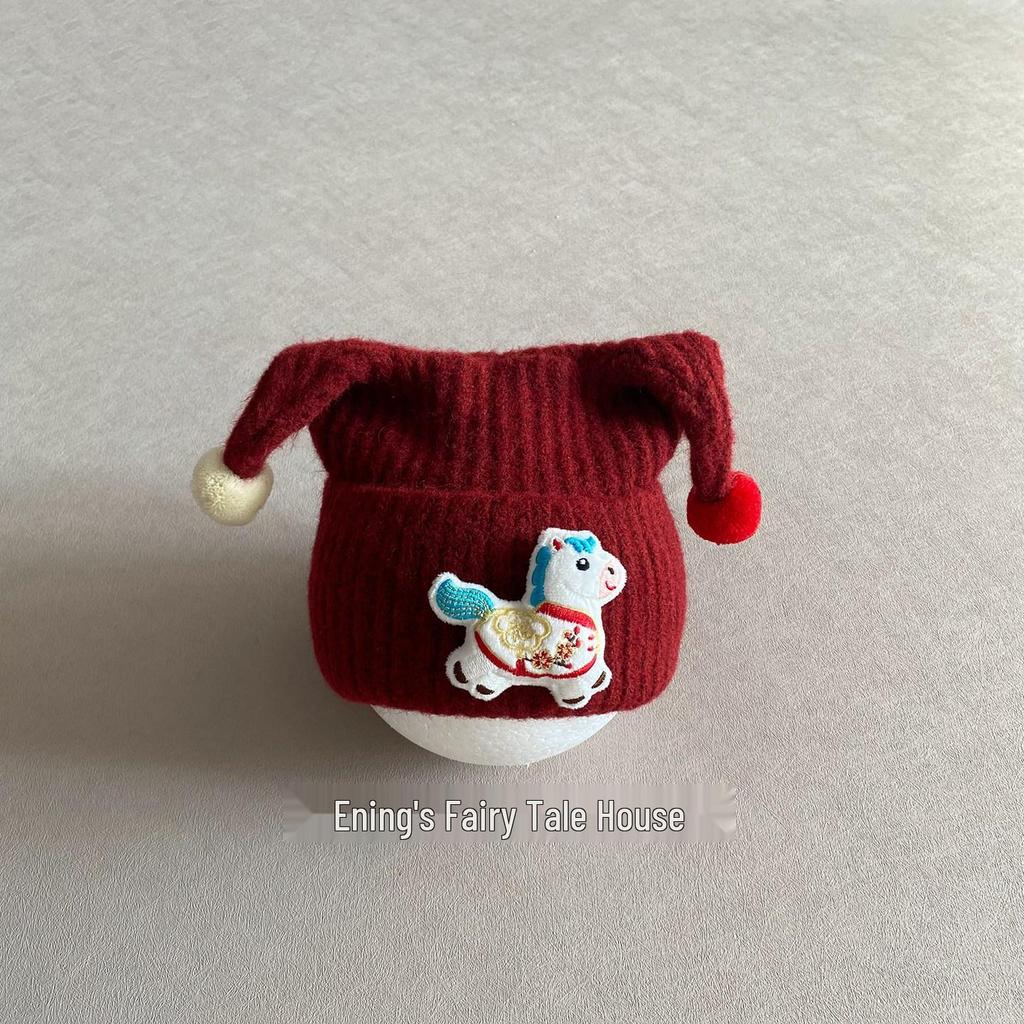 Children's Red Elf Knit Hat with Ear Protection for Autumn/Winter - Cute Pom-Pom Design for Boys and Girls