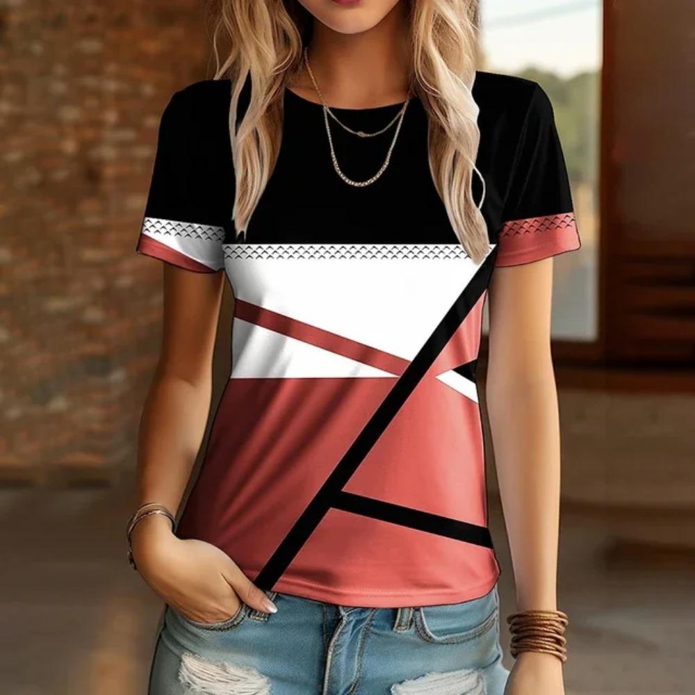 Women's T-shirts with 3D Striped Prints, Round-neck Casual Fashion, Interesting Retro Summer Clothing