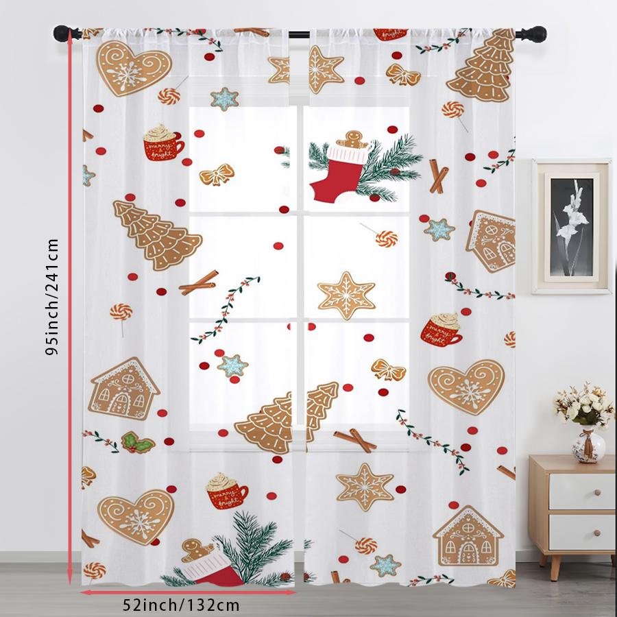 2PCS Sheer Curtains Christmas Gingerbread House Cookie Candy Print, Window Voile Panels for Bedroom Living Room Xmas Decor