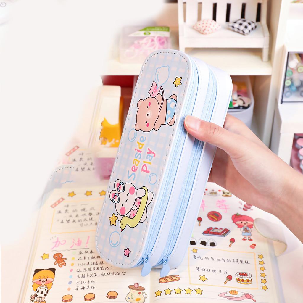 Double Layer Pencil Pouch Large Capacity Simple Style Waterproof Dustproof Canvas Pen Holder Bag for Girl Students