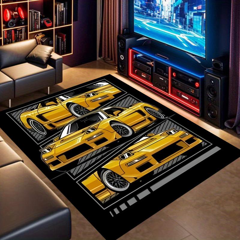 Yellow Classic Tuned Car Multi‑Panel Comic Print Area Rug Non‑Slip Rectangular Floor Mat Car Fan Decor for Gaming Room Living Bedroom