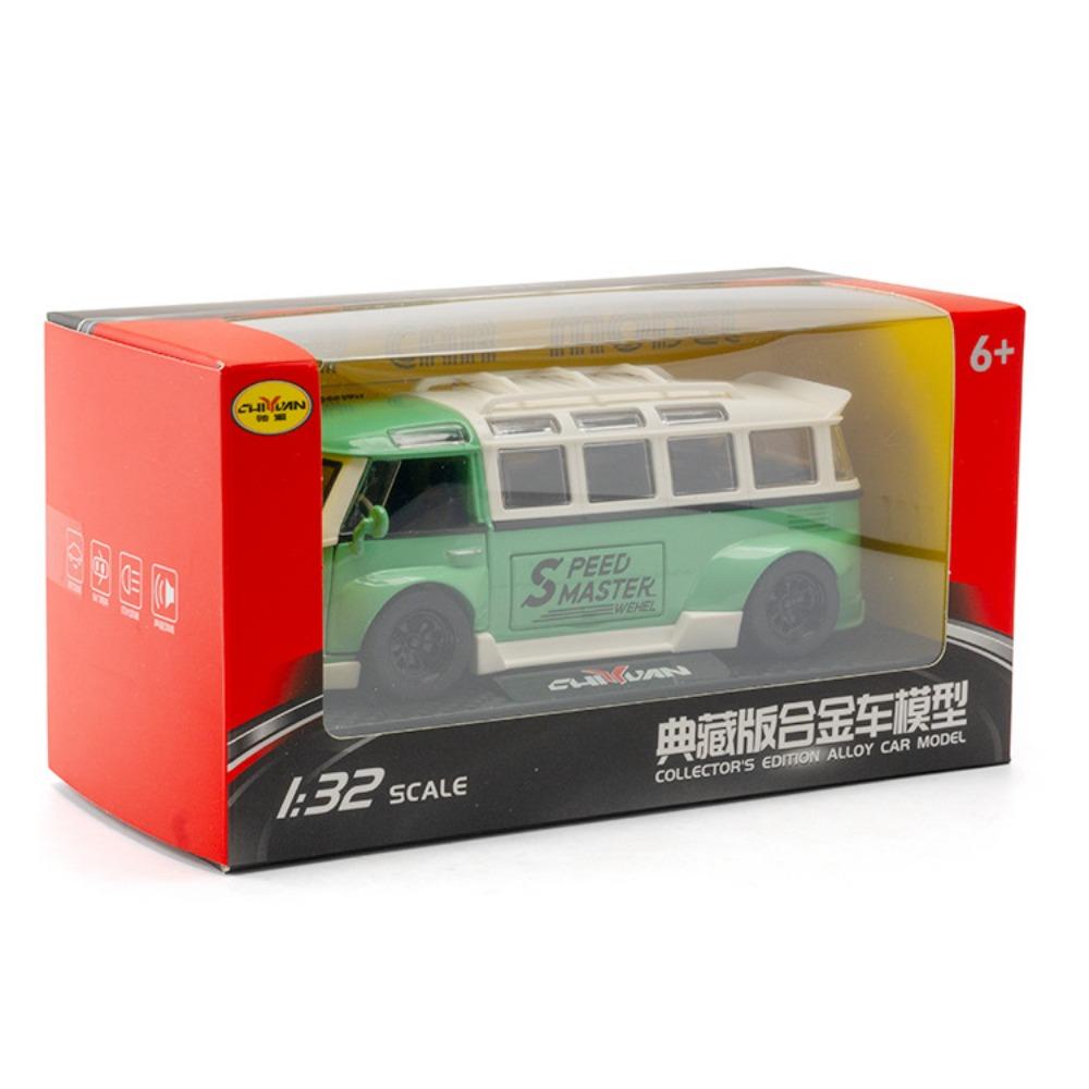 1/32 Scale VK Bus Transporter Model Car with Surfboards Convertible Camping Van, Zinc Alloy Pull Back Toy Car with Sound and Light for Kids Gift