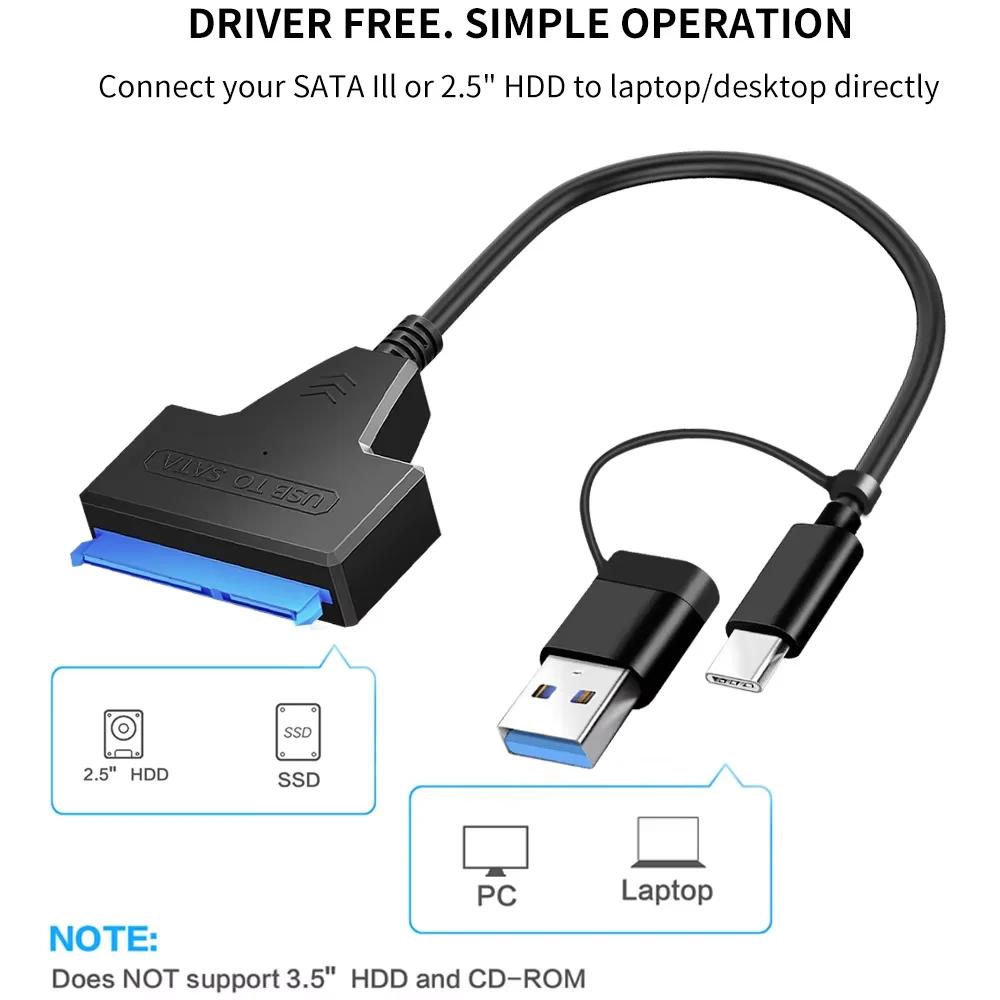 SATA zu USB 3.0/Type-C Adapter Sata-Kabel 2,5/3,5 Zoll SSD HDD SATA III Festplattenlaufwerk mit 12V/2A Netzteil