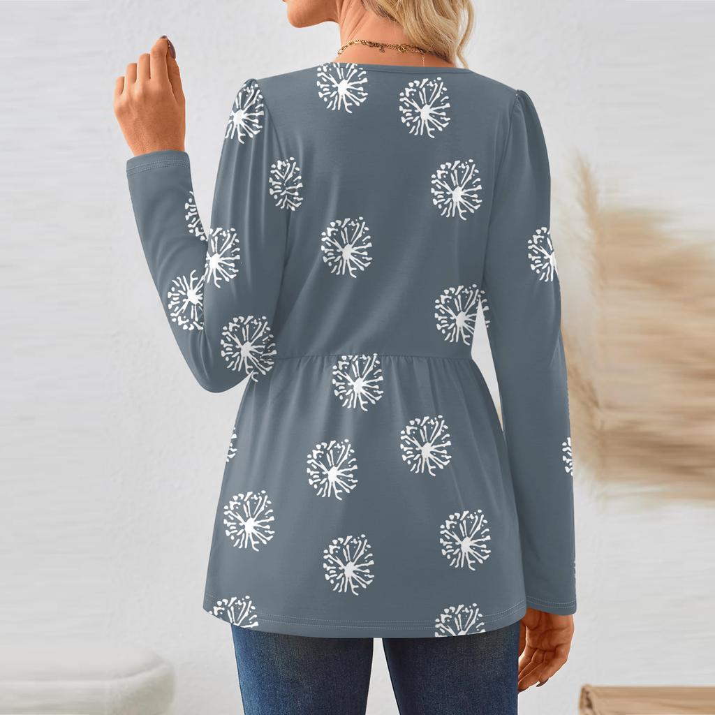 Women's Casual Fashion Long Sleeve Shirt Floral Printed Tunic Top