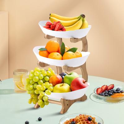 3-stöckiger Obstkorb für die Küche, Keramik-Obstschale mit Ständer aus Bambusholz, einfach zu installieren, 3-stöckiger Servierständer, für Snacks, Desserts, Kuchentablett, Tellerregal