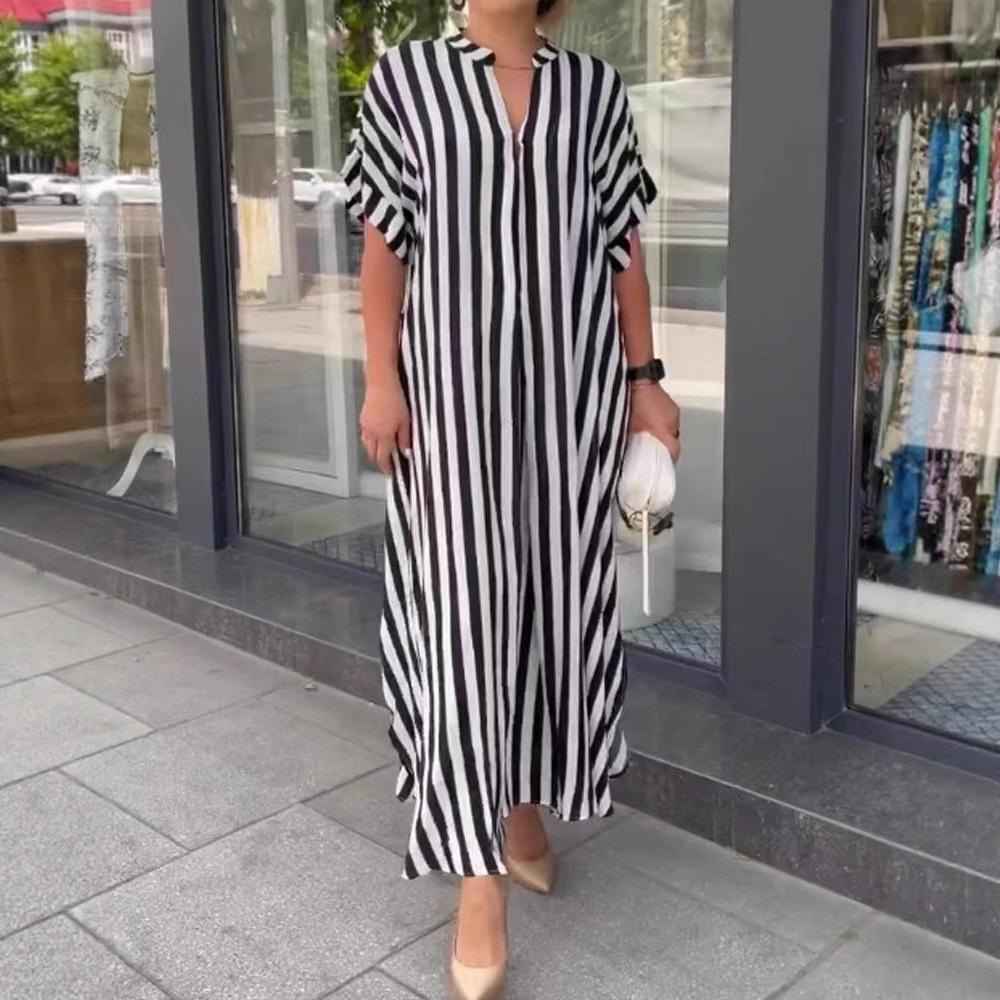 In stock, European and American women's clothing fashion trend split-ended loose casual striped dress