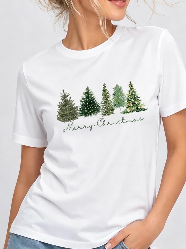 (Asian Size) Tree Printing Christmas New Year Clothing T Shirt Women Fashion Festival Tee Top Print Female Woman Short Sleeve Graphic T-shirts