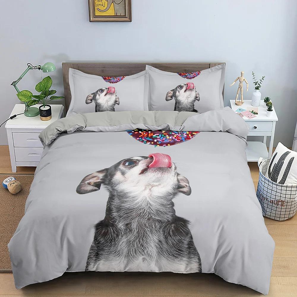 Animal Pet Duvet Cover Set Cute Dog Hugging Donut Bedding Set  For Kids 3D Dog Comforter Cover Soft Polyester Quilt Cover