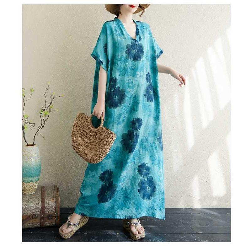 Women's Thin Cotton and Linen Loose Artistic Dress Retro Long Robe