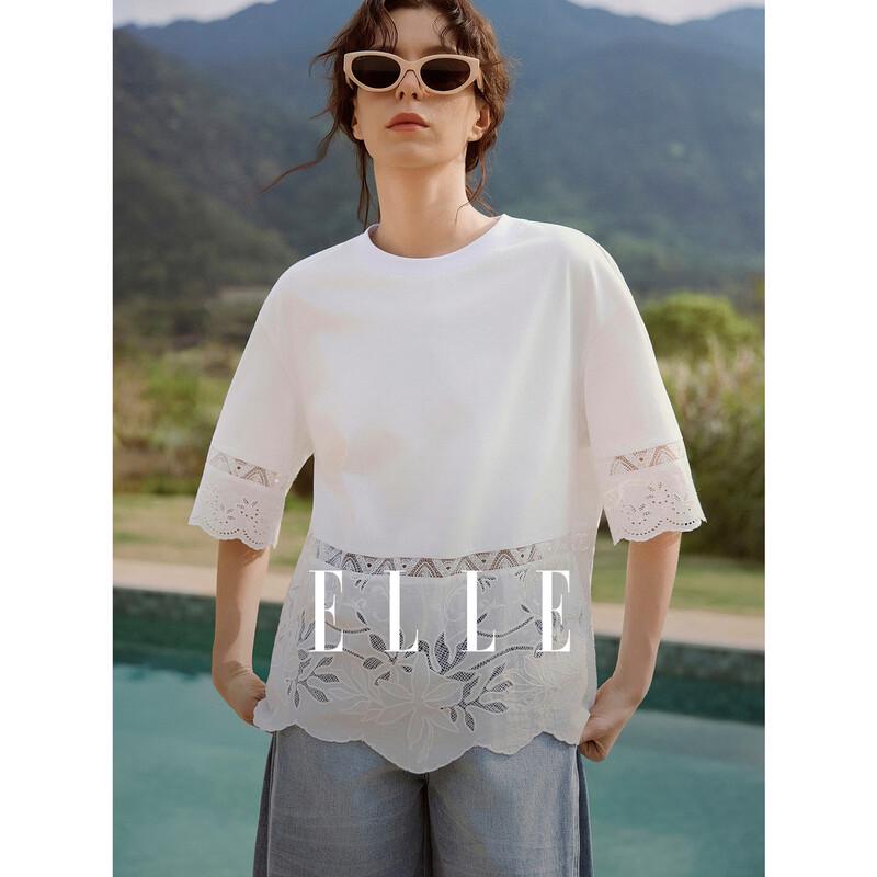 ELLE Women s Lace Panel Short Sleeve Blouse L