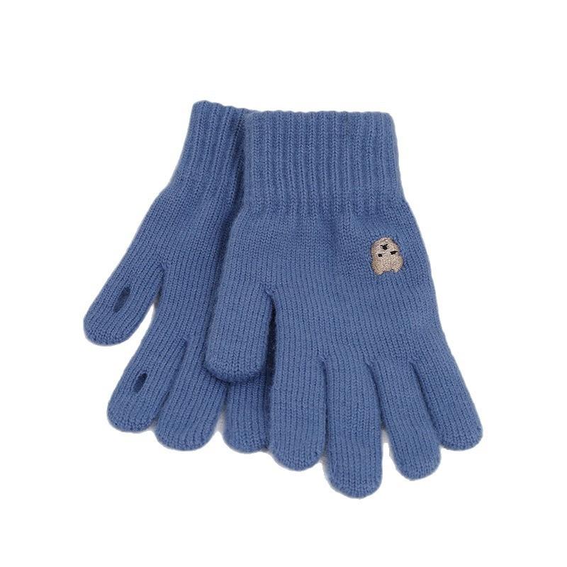 Bear knitted wool gloves winter warm touch screen cute solid color embroidery split finger opening leak finger tide