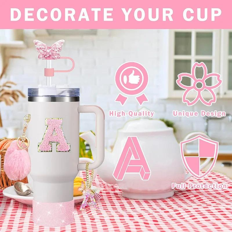 8 Pezzi Accessori per Tazza per Stanley Cup 30oz 40oz Include Coperchio Tappo Cannuccia a Farfalla Piedino in Silicone Maniglia Ciondolo Adesivo con Iniziali