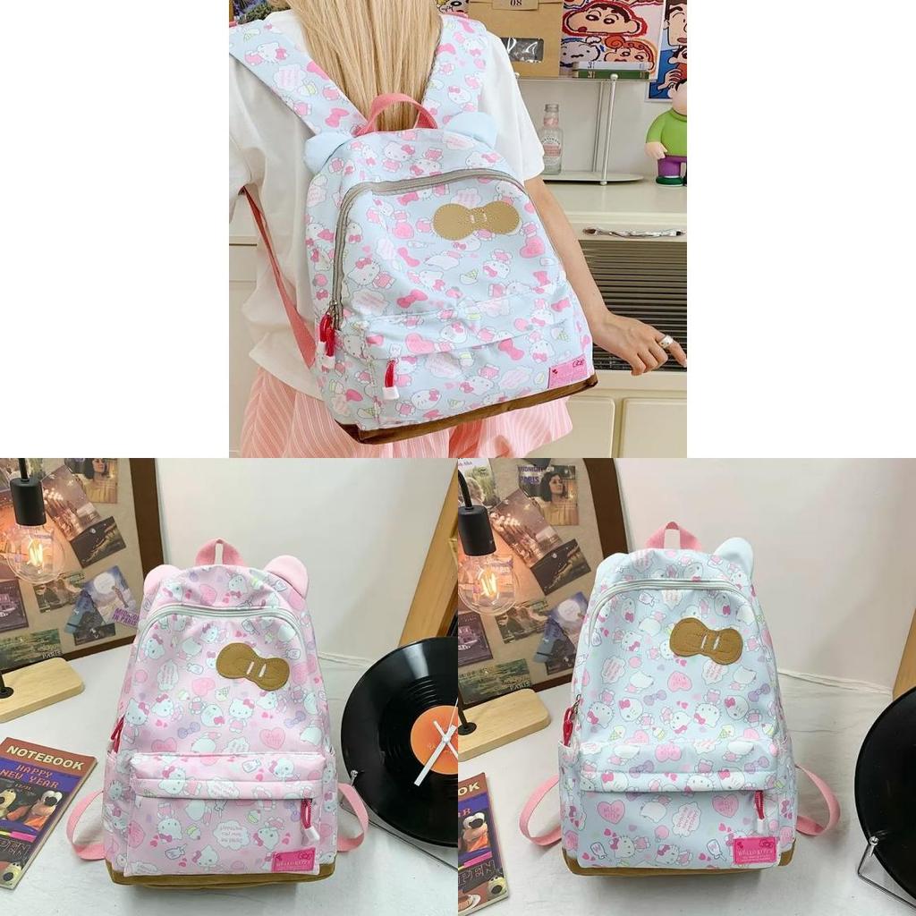 Süßer Hello Kitty Cartoon Rucksack für die Schule Mit Nylon-Aufbewahrung und Herz-Details Für Teenager und Mädchen