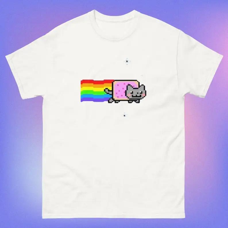 Nyan Gato Engraçado Padrão Impressão Camiseta Feminina Verão Moda Casual Confortável Camisetas Streetwear Manga Curta