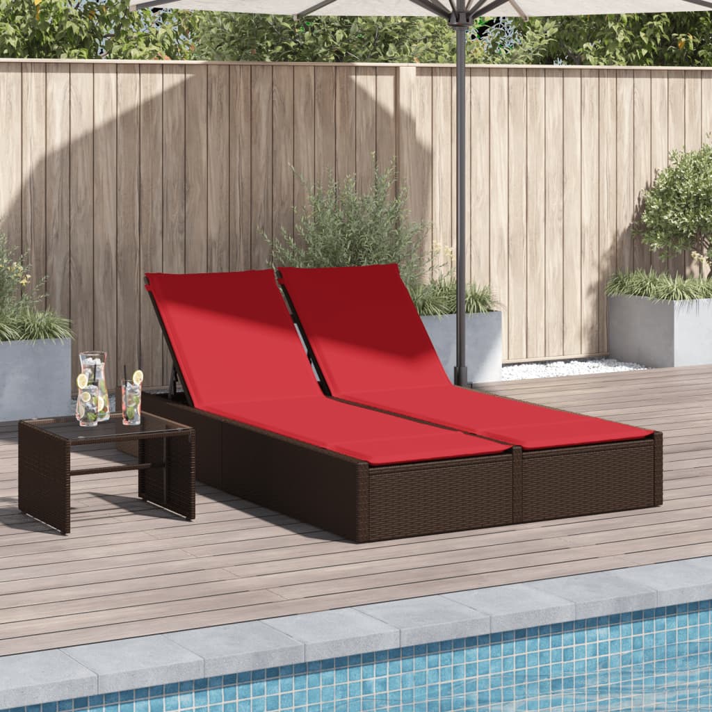Double Sun Lounger with Cushions Brown Poly Rattan