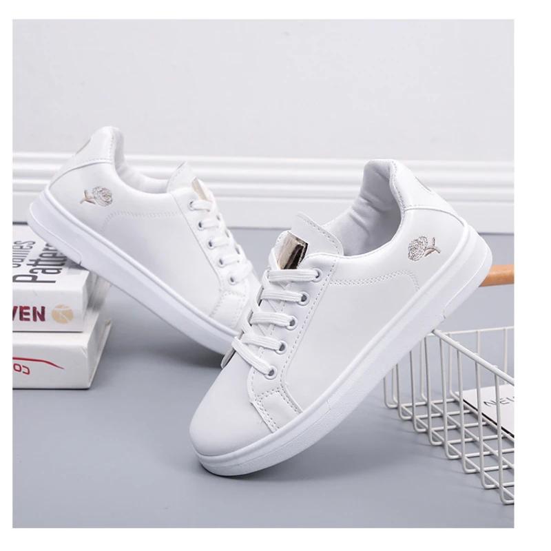 Fashion Women Leather Pu Casual Shoes New Woman Shoes Fashion Embroidered White Sneakers Breathable Flower Lace-Up Zapatillas De Mujer