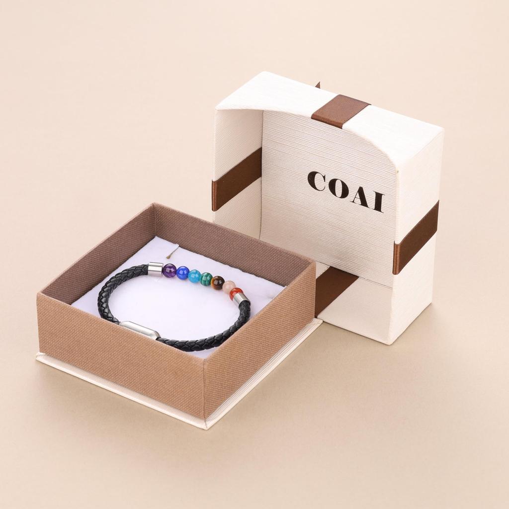 Koai Chakra Power Stone Genuine Leather Lucky Charm Bracelet for Men Seven-Color