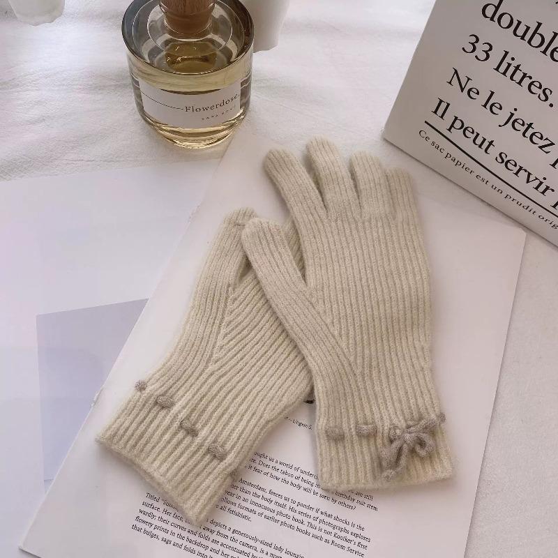 Student riding warm gloves autumn and winter cute bow knitted gloves female student finger gloves